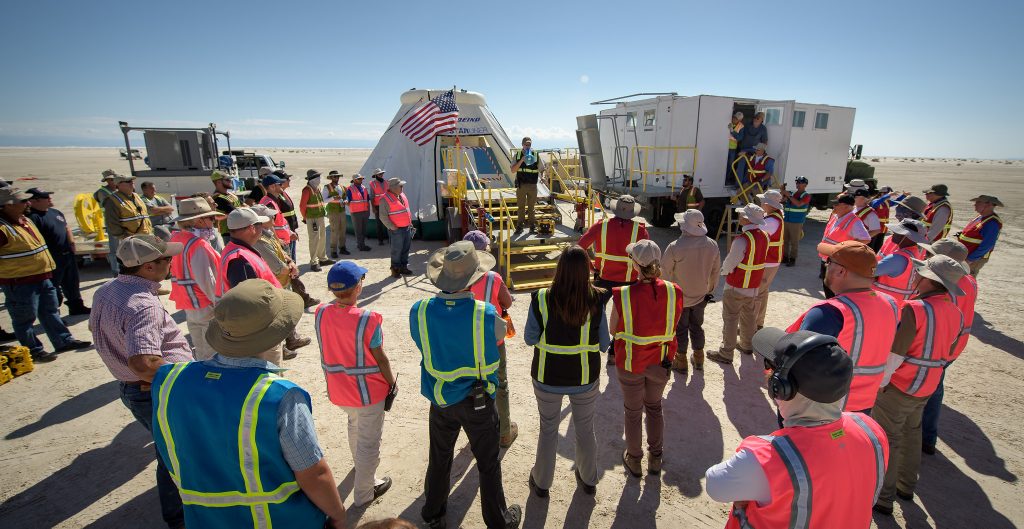 Using a convoy of vehicles Boeing uses to recover their spacecraft after landing and a boiler plate test article of the Starliner capsule, the teams worked through the steps necessary to safe the vehicle and get future crew members out of the Starliner to return home. 